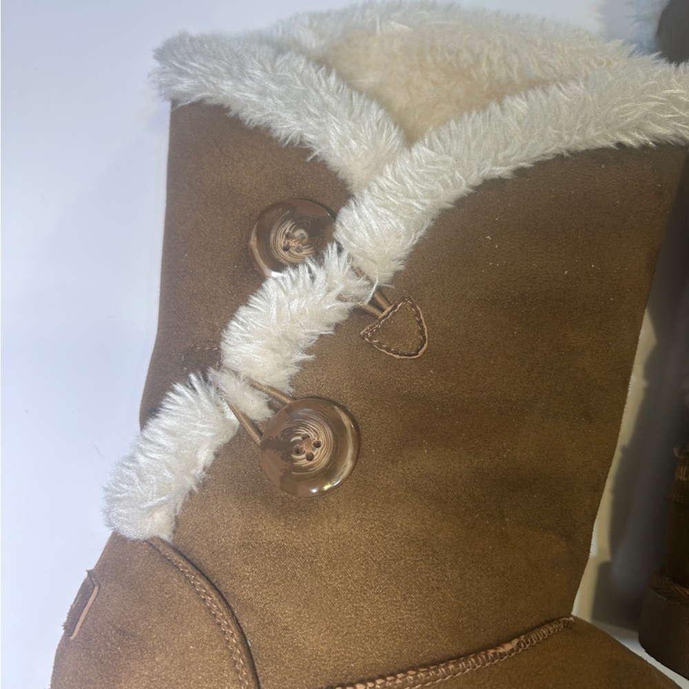 Brown Suede Shearling Lined Mid-Calf Winter Boots | Cozy Button Detail - Picture 3 of 5